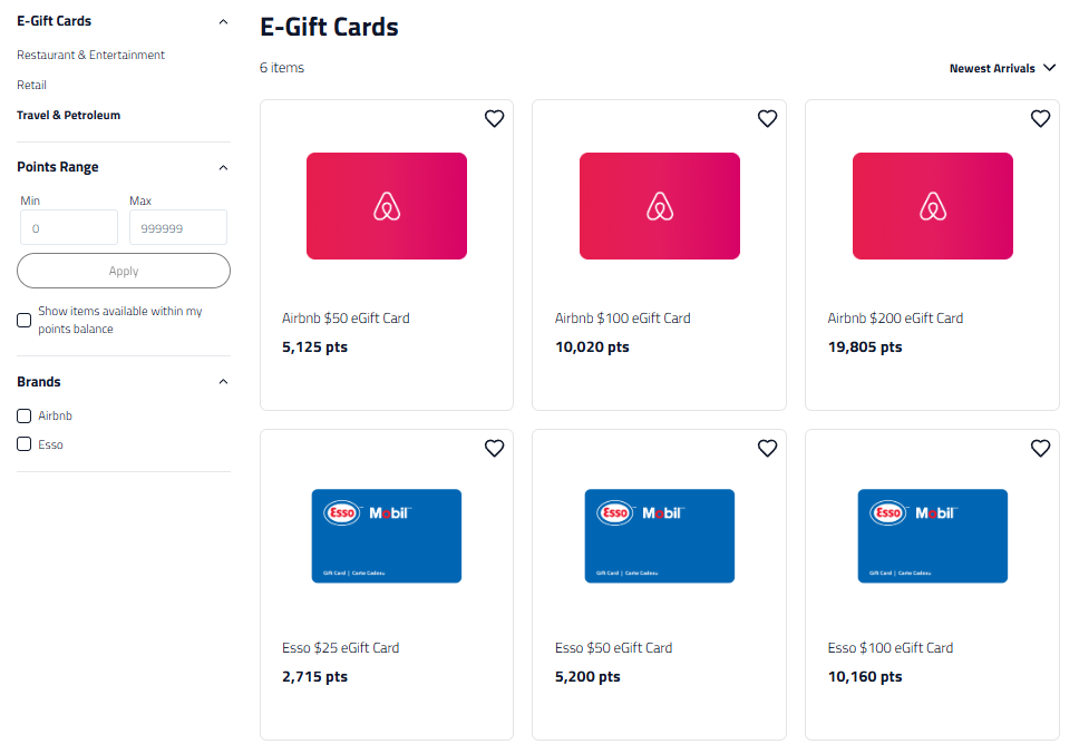MBNA Rewards travel e-gift cards: Esso/Mobil and Airbnb